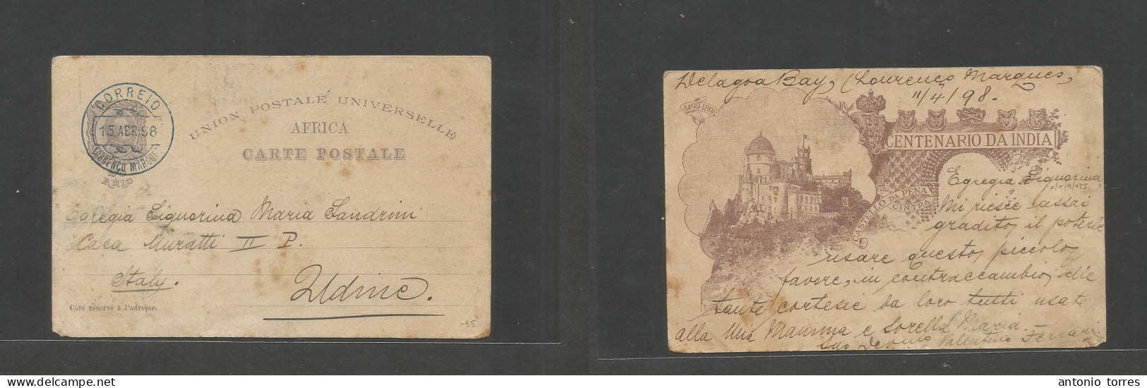 Portugal-Mozambique. 1898 (15 April) L. Marques - Italy, Udine. Cent. India 20rs Lilac Illustrated Stat Card, Blue Depar - Otros & Sin Clasificación