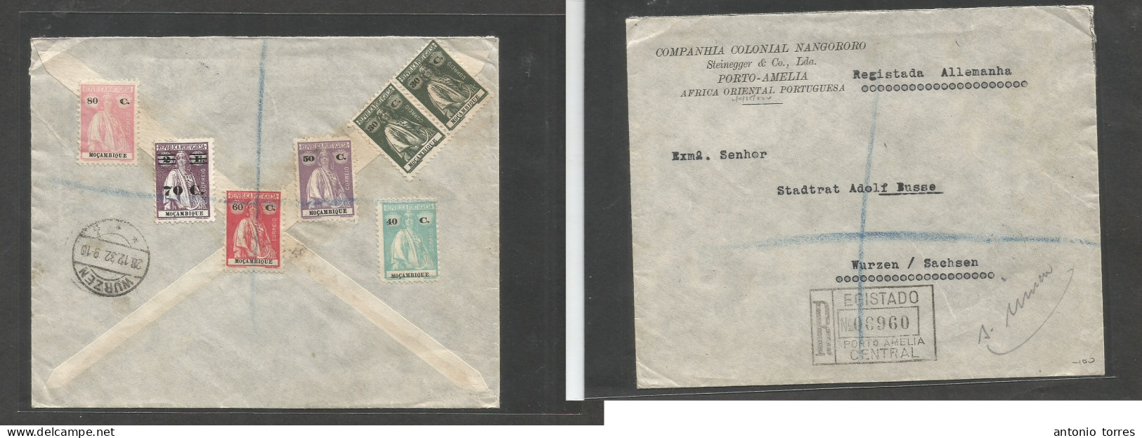 Portugal-Mozambique. 1932 (Dec) Porto Amelia - Germany, Wurzen (28 Dec) Registered Comercial Reverse Multifkd Ceres Issu - Sonstige & Ohne Zuordnung