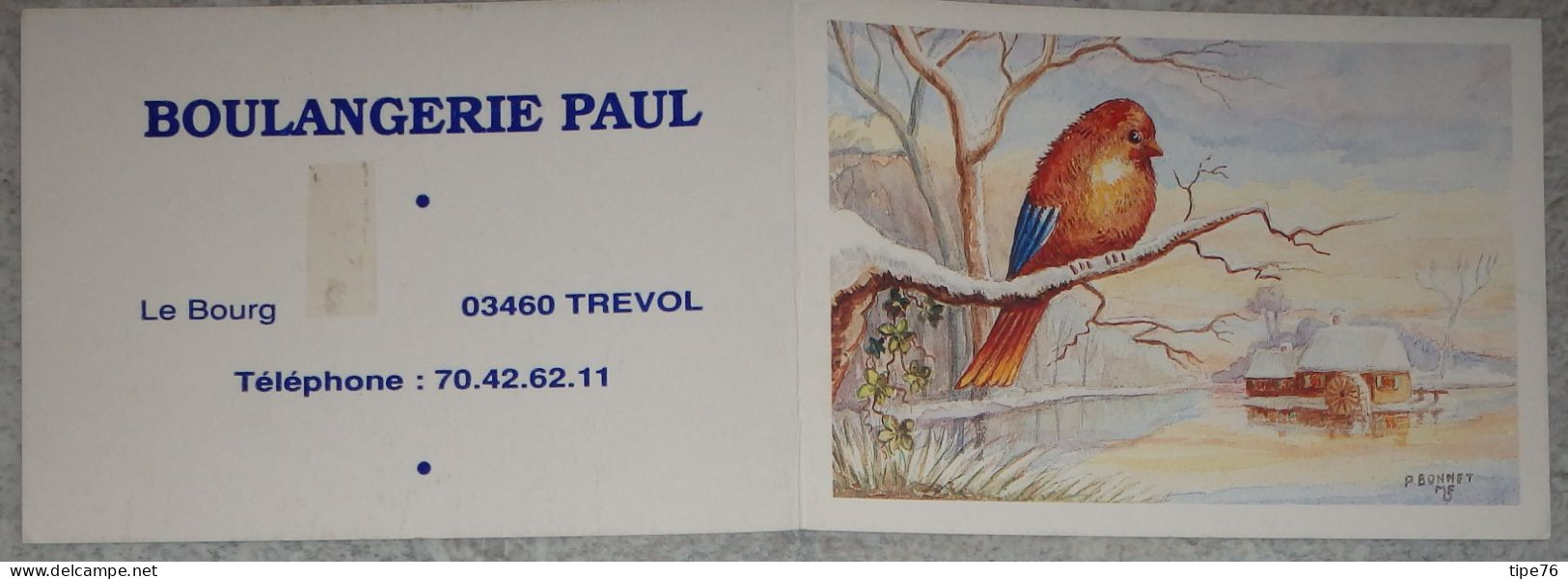 Petit Calendrier Poche 1990 Peinture Bonnet Oiseau Neige - Boulangerie Trevol Allier - Small : 1981-90