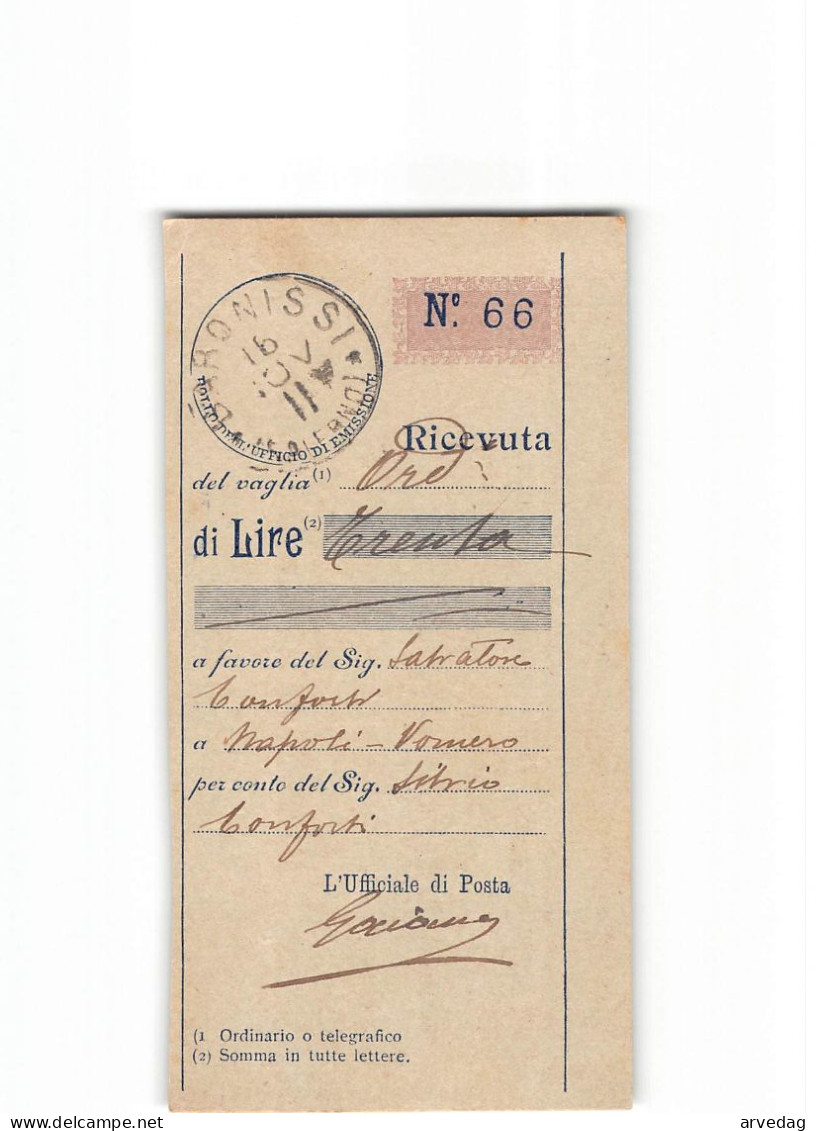 X1291  RICEVUTA VAGLIA BARONISSI X NAPOLI VOMERO 1911 - Impuestos Por Ordenes De Pago