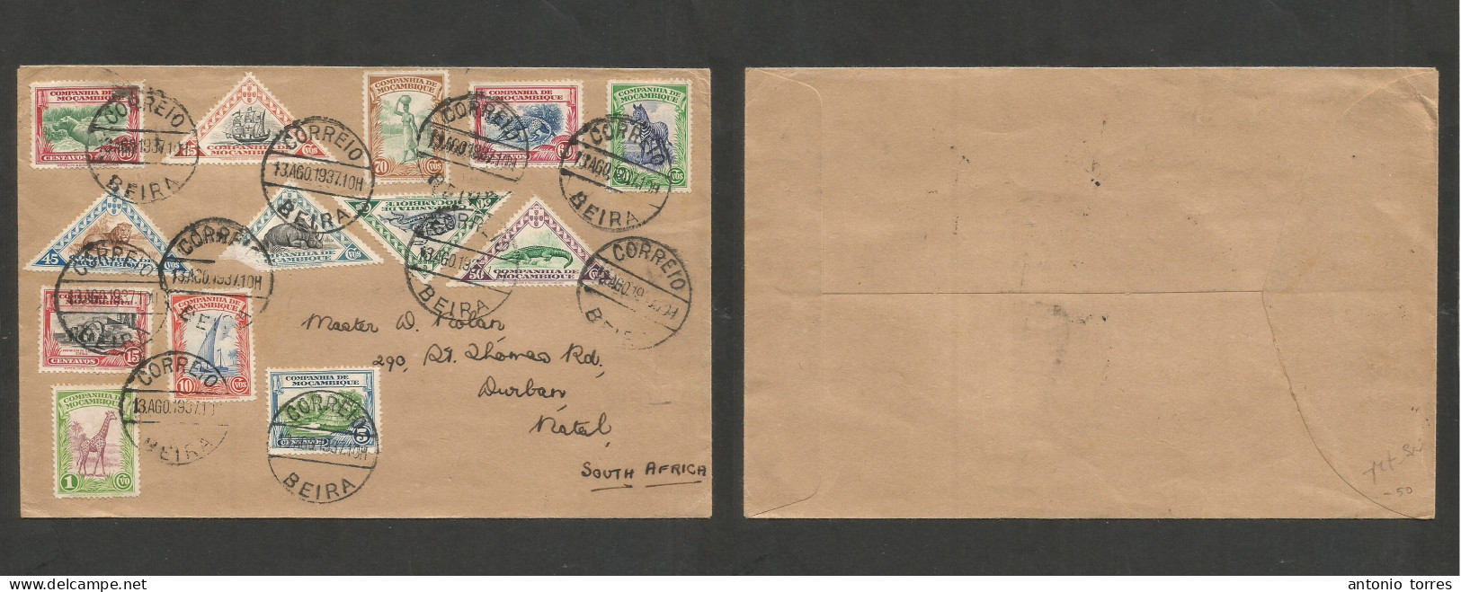 Portugal-Mozambique Company. 1937 (13 Aug) Beira - Natal, Durban. Multifkd Env With 13 Diff Frames Issue Stamps, Tied Cd - Other & Unclassified