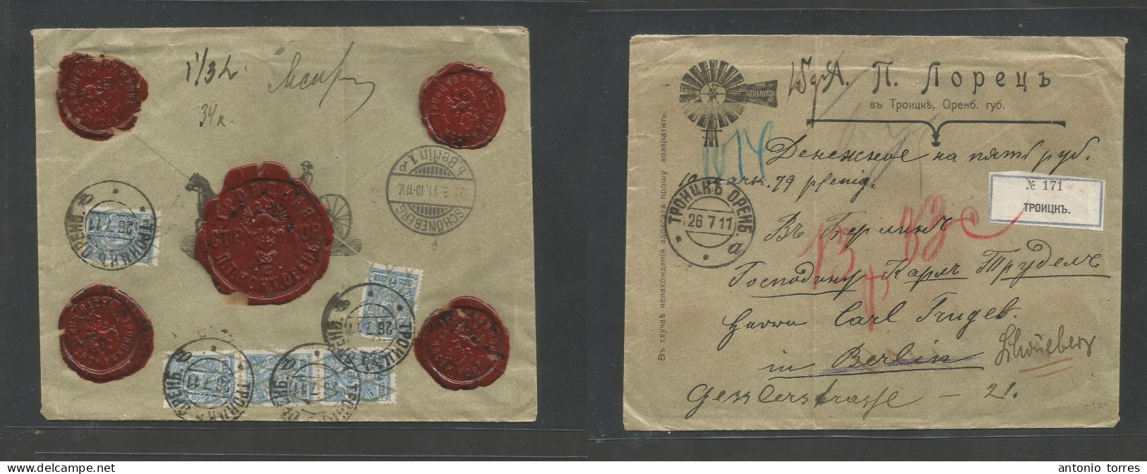 Russia. 1911 (26 July) Trompko - Oreso - Germany, Stoneberg (21 Aug) Illustrated Reverse Multifkd Envelope, Fine Red Wax - Autres & Non Classés