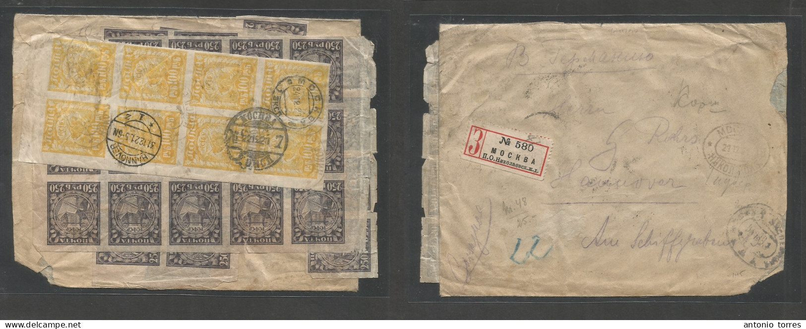 Russia. 1921 (21-22 Dec) Moscow - Hannover, Germany (31 Dec) Registered Reverse Massive Multifkd Env, Imperf Block. High - Other & Unclassified