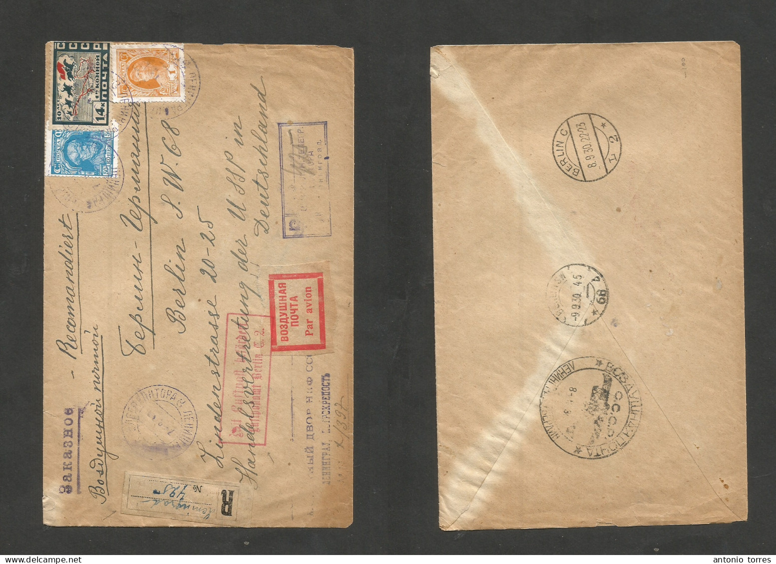 Russia. 1930 (7 Sept) Leningrad - Germany, Berlin (8 Sept) Registred Multifkd With Various Label And Cachets For Airmail - Andere & Zonder Classificatie