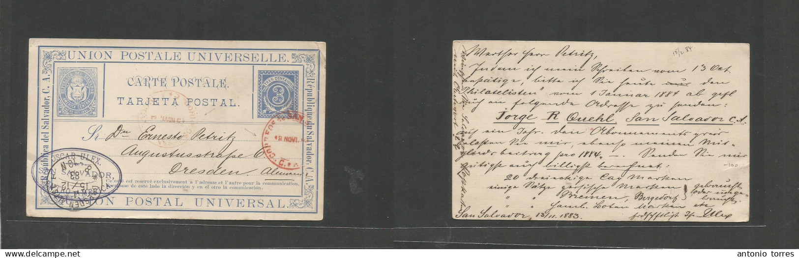 Salvador, El. 1883 (13-18 Nov) San Salvador - Germany, Dresden (15 Dec) 3c Blue Illustrated Used Early Stationary Card, - Salvador