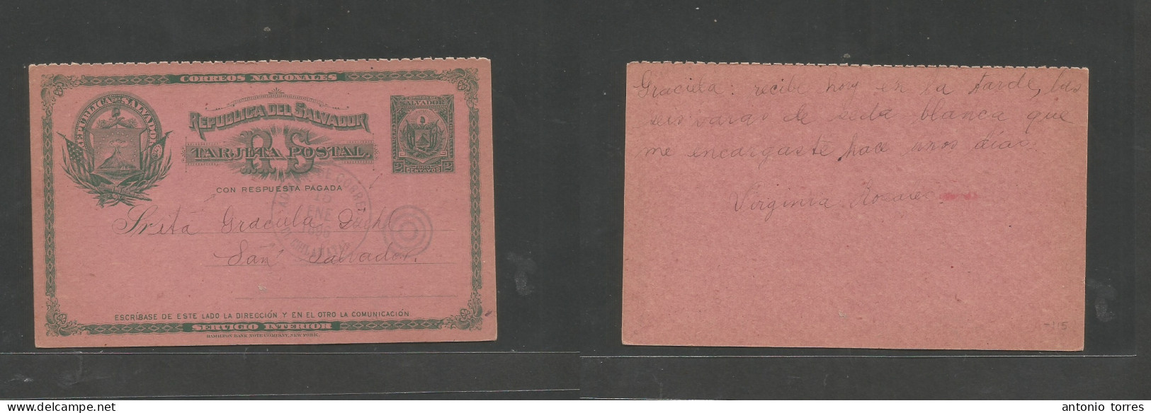 Salvador, El. 1895 (15 En) El Chilamatal - San Salvador. Doble 2c Green / Pink Stationary Card, Halfway Out, Depart Cds. - Salvador
