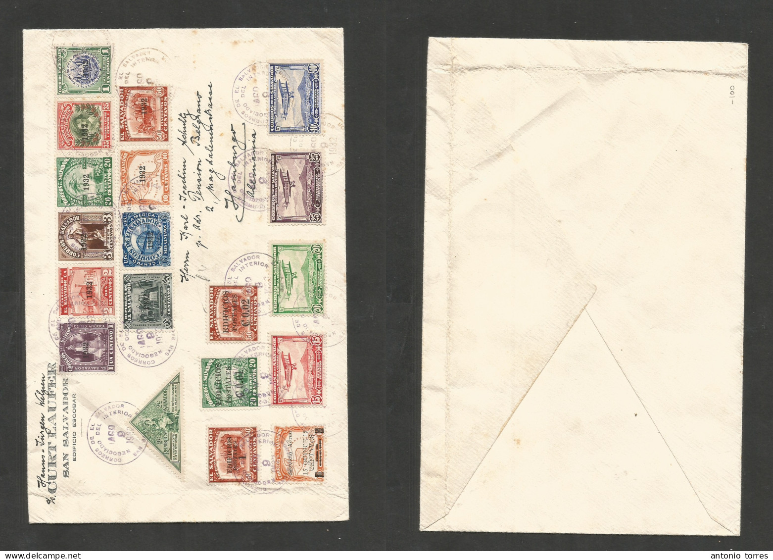 Salvador, El. 1932 (9 Aug) San Salvador - Germany, Hamburgo. Multifkd Massive Air Usage Of Some 19 Diff Stamps, Incl Ove - Salvador
