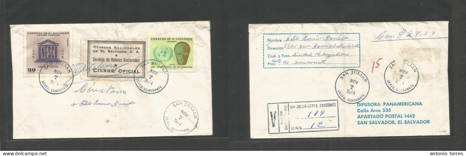 Salvador, El. 1974 (7 Nov) San Julian - San Salvador. Registered Reverse Multifkd Insured $28 Envelope, With Reverse Cie - El Salvador