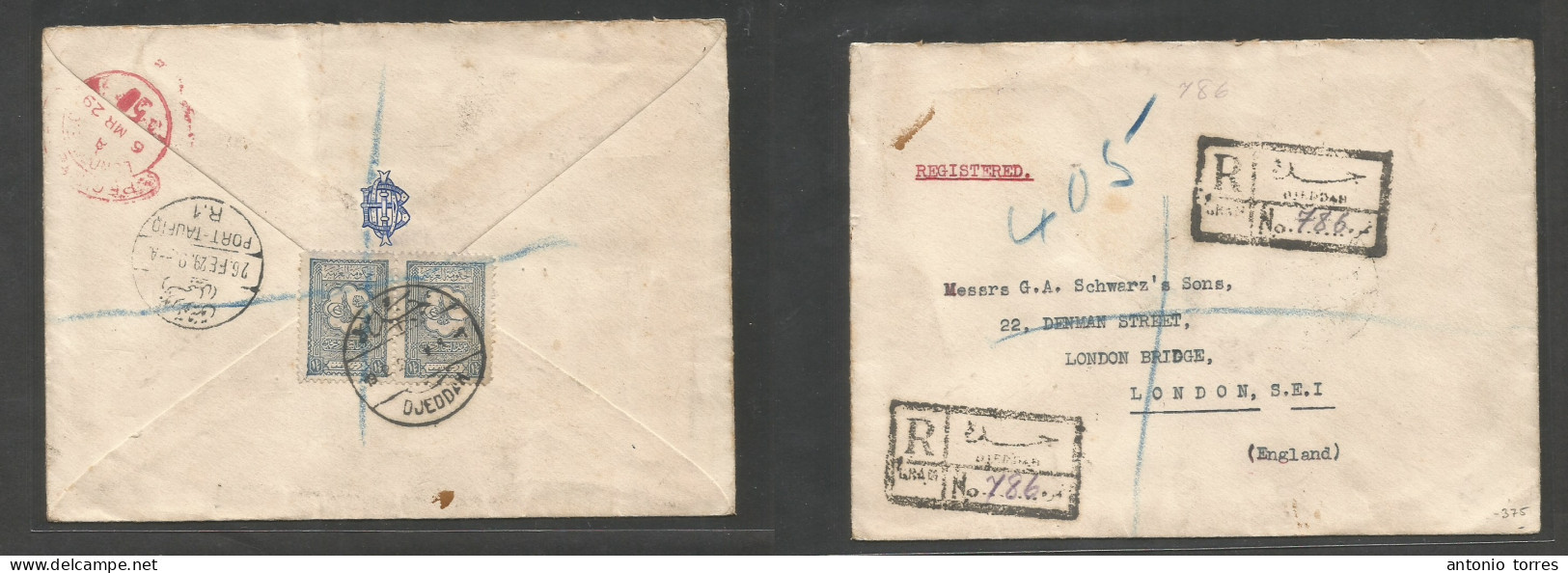 Saudi Arabia. 1929 (19 Febr) Turkish PO Djeddah - London, UK (6 March 29) Via Port Tanfik (26 Febr) Registered Reverse M - Saudi Arabia