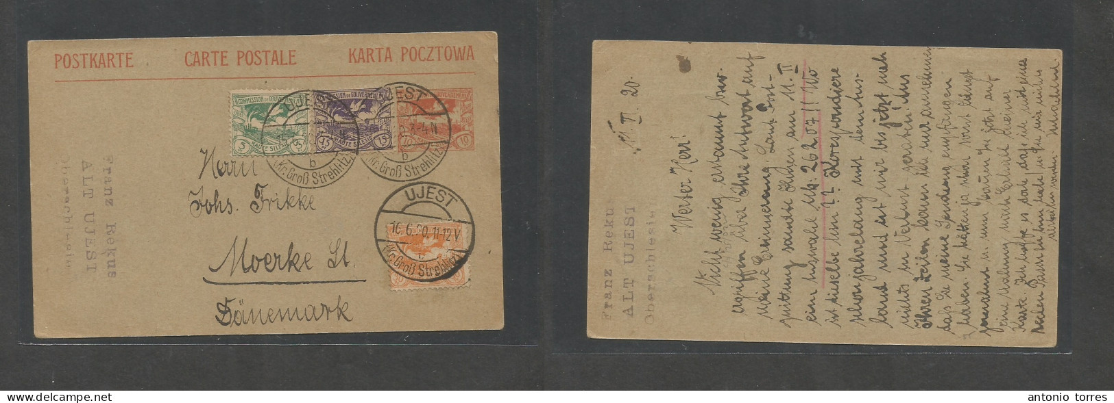 Silesia. 1920 (15 June) Ujest - Denmark, Mrerke. 10 Pf Red Stat Card + 3 Adtls, Cds Depart. VF. - Schlesien