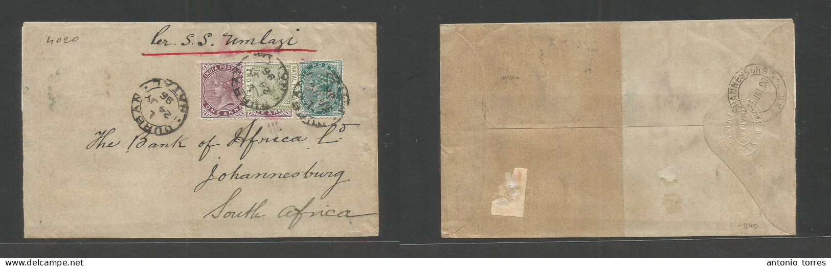 South Africa. 1896 (24 July) India Used In NATAL, Durban - South Africa, Joburg (25 July) Per SS Umlazi, Tricolor Multif - Sonstige & Ohne Zuordnung