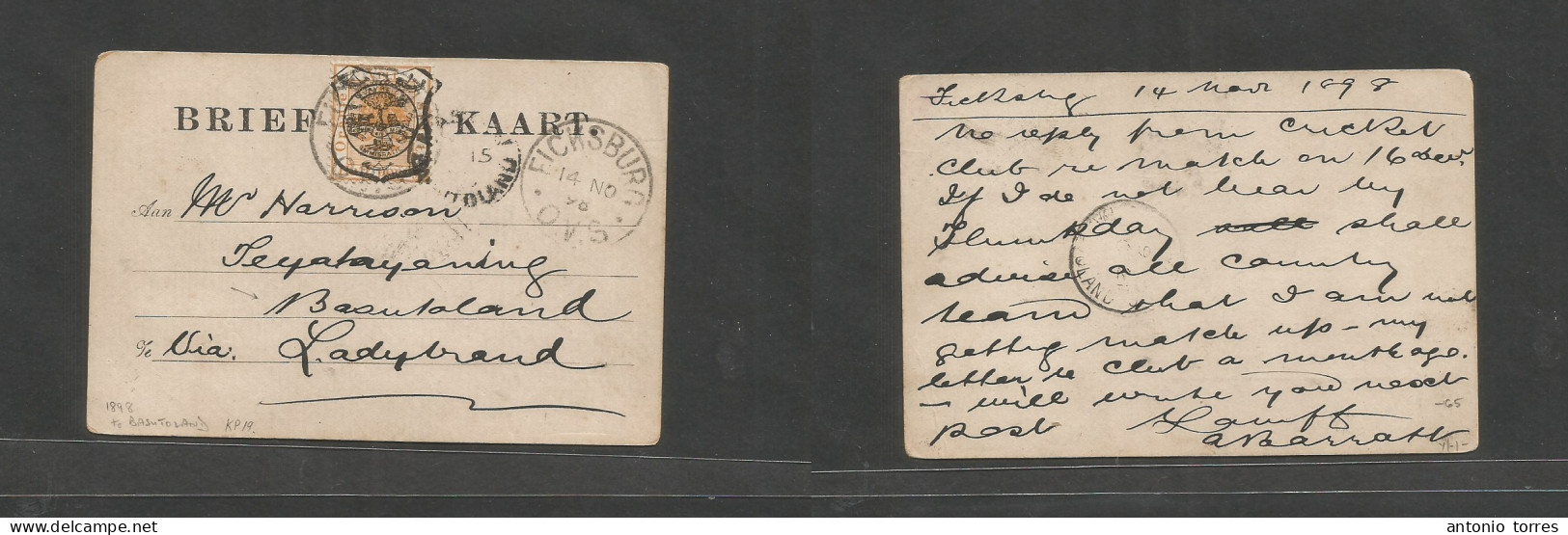 South Africa. 1898 (14 March) OVS. Ficksburg - Basutoland, Teyahayaming Via Ladybrand. Fkd Card, Tied Cds + Arrival Cach - Autres & Non Classés