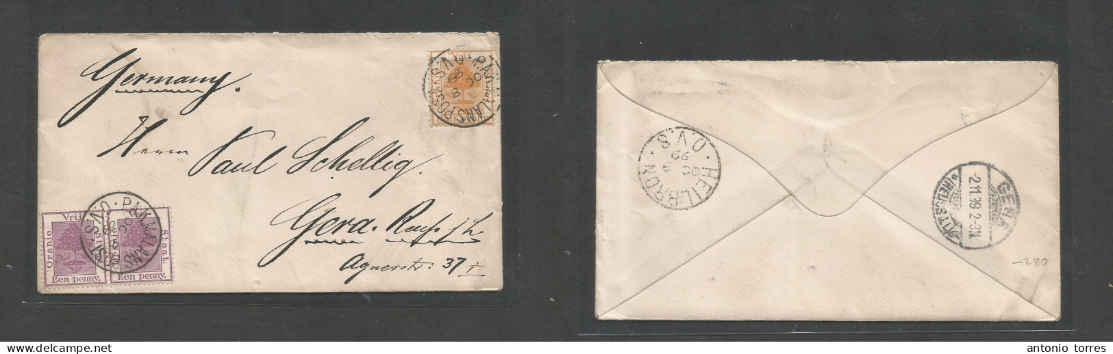 South Africa. 1899 (Oct 8) OVS. PAK Malanspost - Germany, Gera (2 Nov) Via Heilbron. Multifkd Env Tied Cds. VF Condition - Other & Unclassified