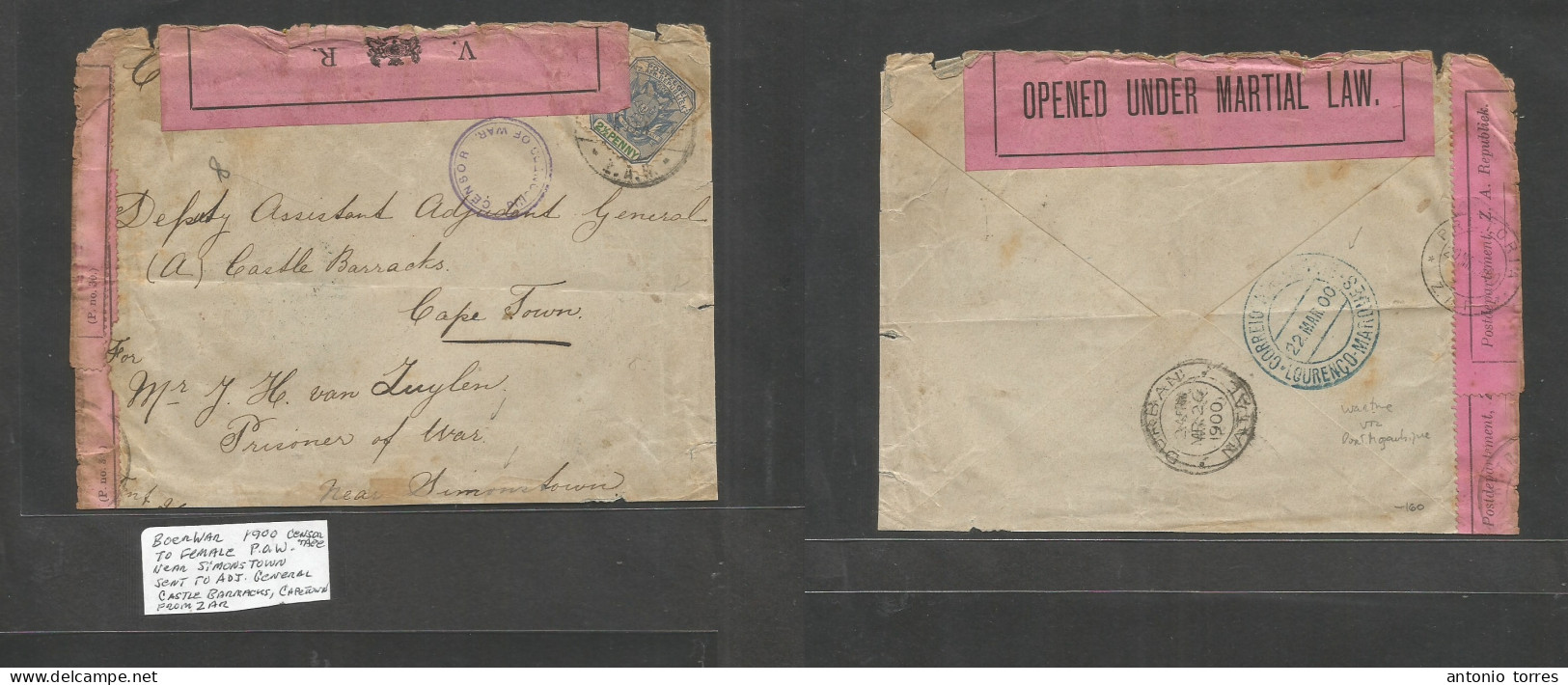 South Africa. 1900 (March) ZAR. Boer War. POW Mail. Fkd Env + Dual Censor Incl ZAR Tied Labels To Simonstown. Sent To Fe - Andere & Zonder Classificatie