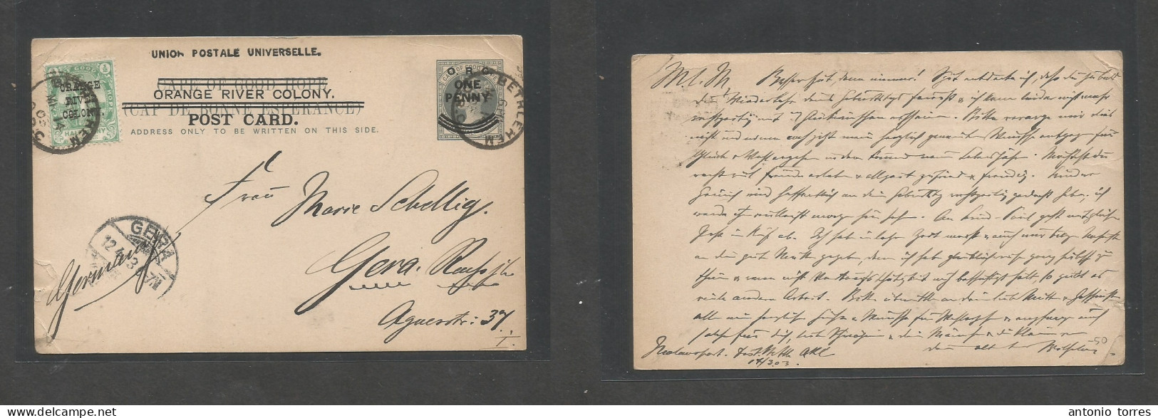 South Africa. 1903 (17 March) ORC. Molavoport, Bethelen - Gera, Germany (12 April) Ovptd CGH 1d Stat Card + Adtl, Mixed, - Andere & Zonder Classificatie