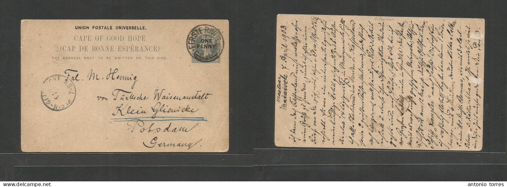 South Africa. 1903 (7 April) CGH. Maclear, Eerste River - Germany, Klein Glienicke. Ovptd 1d Stat Card, Arrival Cds. Sca - Andere & Zonder Classificatie