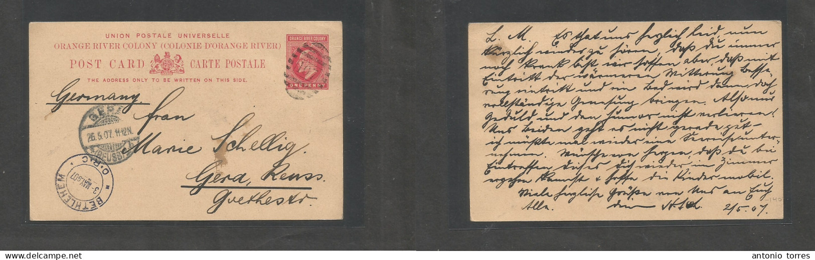 South Africa. 1907 (2 May) ORC. LM, Bethelem - Gera, Germany (26 May) 1d Red Stat Card, Canceled Grill 107. VF + Cds Alo - Other & Unclassified
