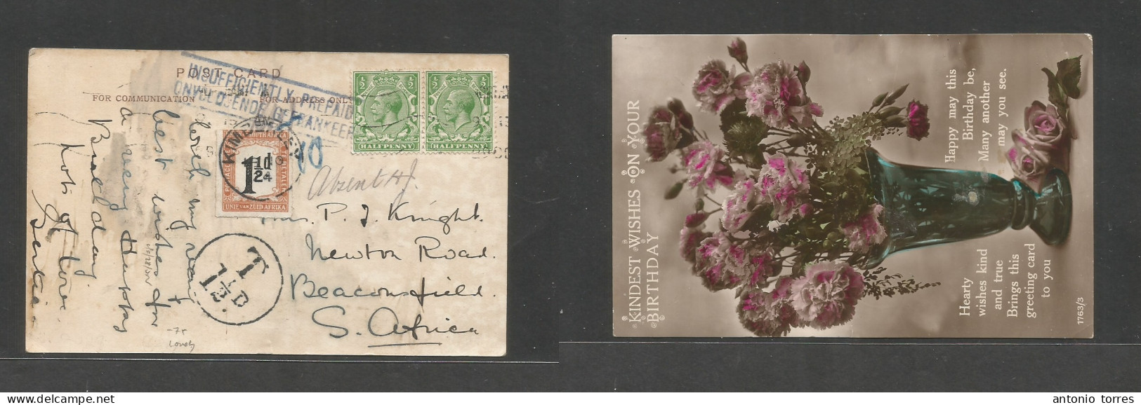 South Africa. 1924 (16 Sept) GB, GPO - South Africa, Beaconsfield, KIMBERLEY (19 Oct) Multifkd 1d Rate Photo Ppc, Taxed - Other & Unclassified