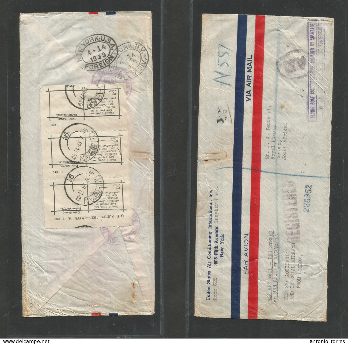 South Africa. 1939 (Apr 25) USA, NYC - S. Africa, Natal, Registered AR. Fkd Air Env Via Imperial Air + Aquitania, Damage - Autres & Non Classés
