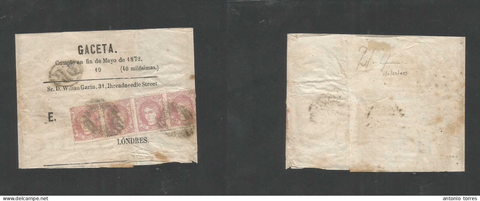 E-Madrid. 1872 (Mayo 19) 105º (4) Madrid, London, UK. Banda Impresos Completa Con Franqueo 10rs Rosa Matone  Air De 4, T - Other & Unclassified
