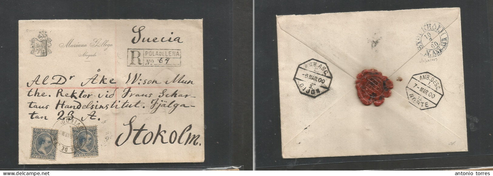 E-Alfonso Xiii. 1900 (7 Marzo) 221º (2) Pola De Lena, Oviedo - Suecia, Stockholm (10 Marzo) Sobre Certificado Mats Ambul - Sonstige & Ohne Zuordnung