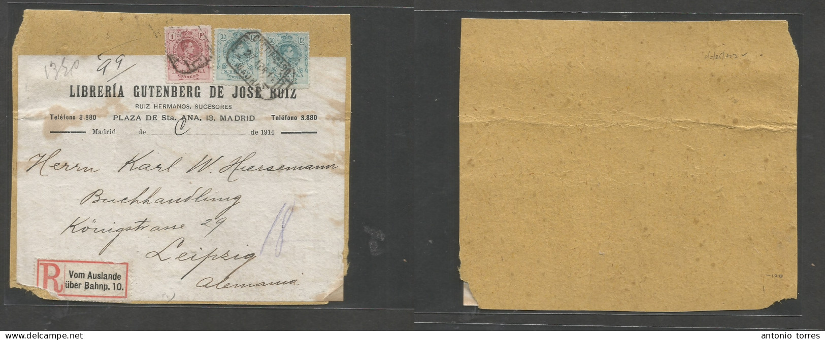 E-Alfonso Xiii. 1914 (27 Apr) 25º (2), 278. Madrid - Alemania, Leipzig. Frente De Paquete Postal Certificado Tarifa 1,60 - Andere & Zonder Classificatie