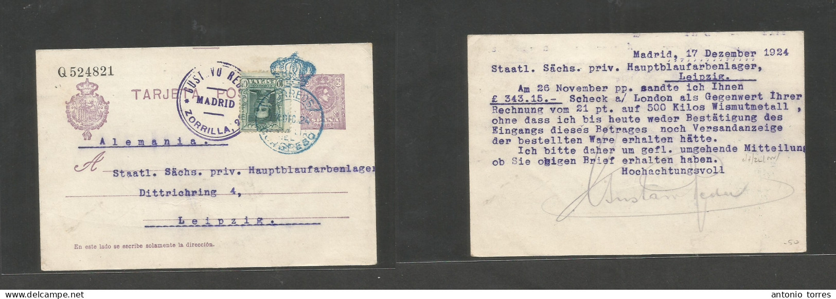 E-Enteros Postales. 1924 (17 Dic) Madrid, Estafeta Congreso - Alemania, Leipzig. EP 25cms Violeta + 10c Verde, Mat Coron - Other & Unclassified