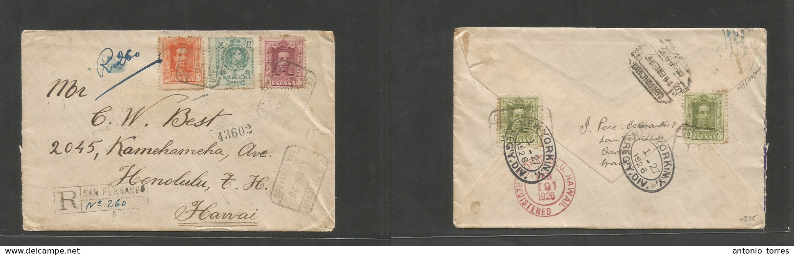 E-Alfonso Xiii. 1926 (10 Enero) 275, 310(2), 311, 320 San Fernando, Cádiz - HAWAII, Honolulu, USA (9 Feb) Sobre Certific - Sonstige & Ohne Zuordnung