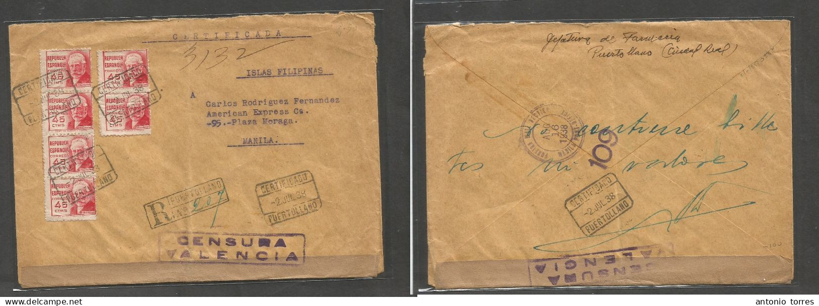 E-Guerra Civil. 1938 (2 Julio) Puerto Llano, Ciudad Real - Filipinas, Manila (16 Aug) Sobre Franqueo Multiple Certificad - Autres & Non Classés