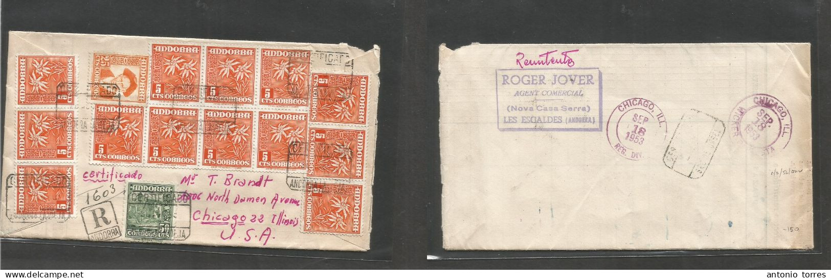 Andorra. 1953 (20 Aug) Correo Español. A. La Vieja - USA, Chicago, Ill (18 Sept) Sobre Certificado Franqueo Multiple. Ta - Otros & Sin Clasificación