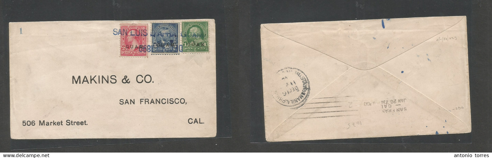 E-Marianas Islands. 1899 (9 Dec) GUAM. San Luis De Apra - USA, CA, San Francisco (Jan 20) Multifkd Ovptd US Stamps, Tied - Autres & Non Classés