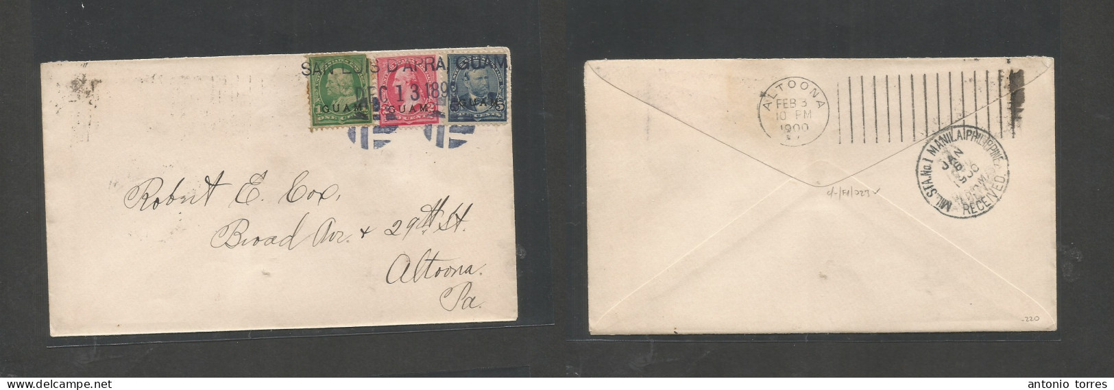 E-Marianas Islands. 1899 (Dec 13) GUAM, San Luis De Apra - USA, Altona, PA (Feb 3) Tricolor US Ovptd Multifkd Envelope A - Autres & Non Classés