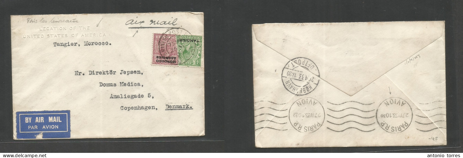 Marruecos - British. 1933 (25 Apr) BPO. Tangier - Denmark, Cph, US (28 Apr) Legation. Air Multifkd Env Ovptd Issue, Mixe - Morocco (1956-...)