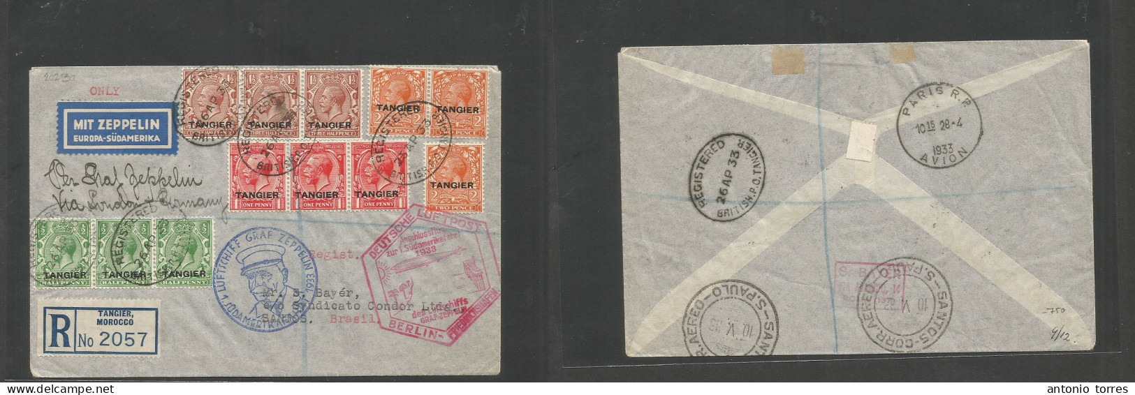 Marruecos - British. 1933 (26 Apr) Tangier - Brazil, Santos (10 May) Registered Zeppelin Multifkd Env At 15d Rate, With - Marokko (1956-...)