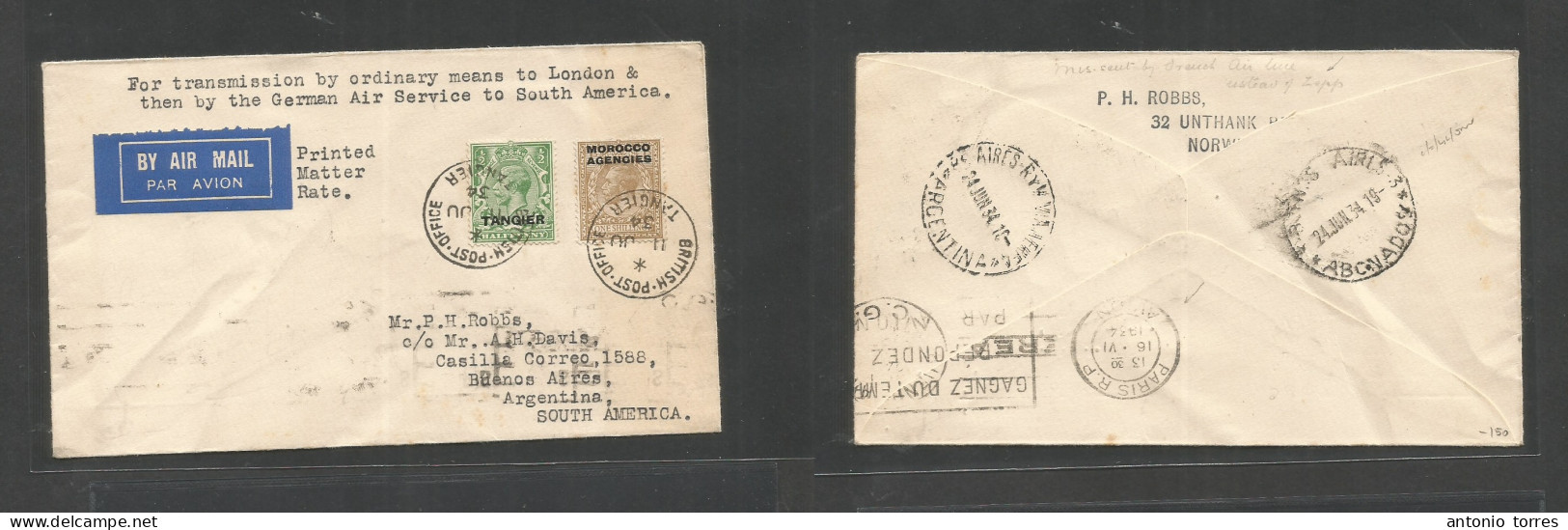 Marruecos - British. 1934 (11 June) Tangier - Argentina, Buenos Aires (24 June) Via Paris Airmail (16 June) Air Multifkd - Marokko (1956-...)