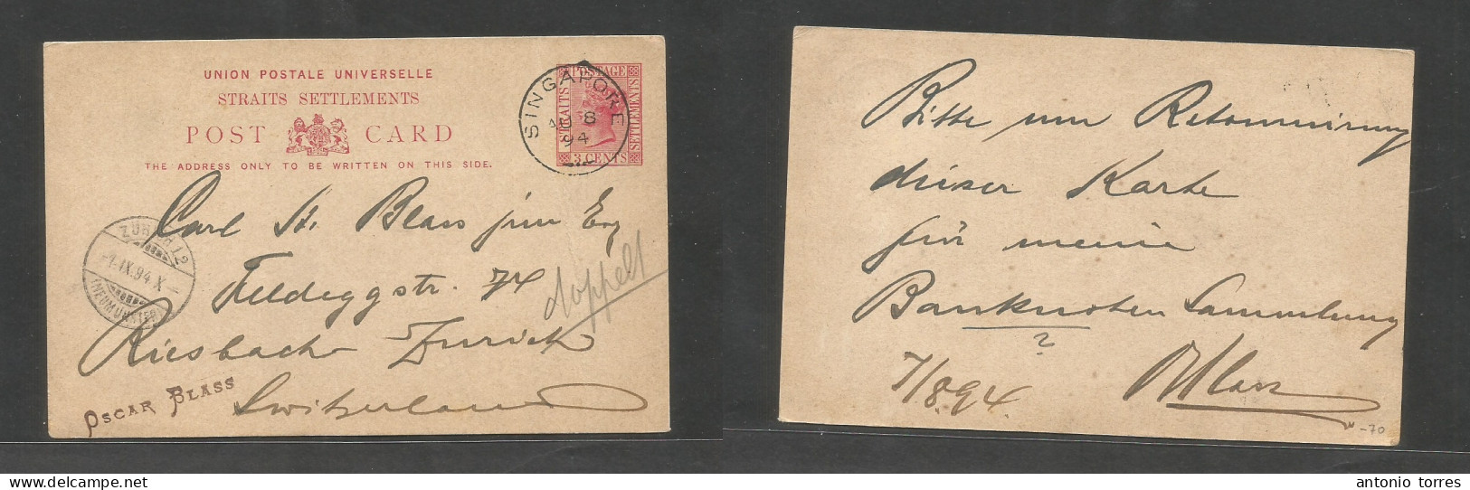 Straits Settlements Singapore. 1894 (8 Aug) Sing - Switzerland, Resbach (1 Sept) 3c Red QV Stat Card, Cds VF Used. - Singapore (1959-...)
