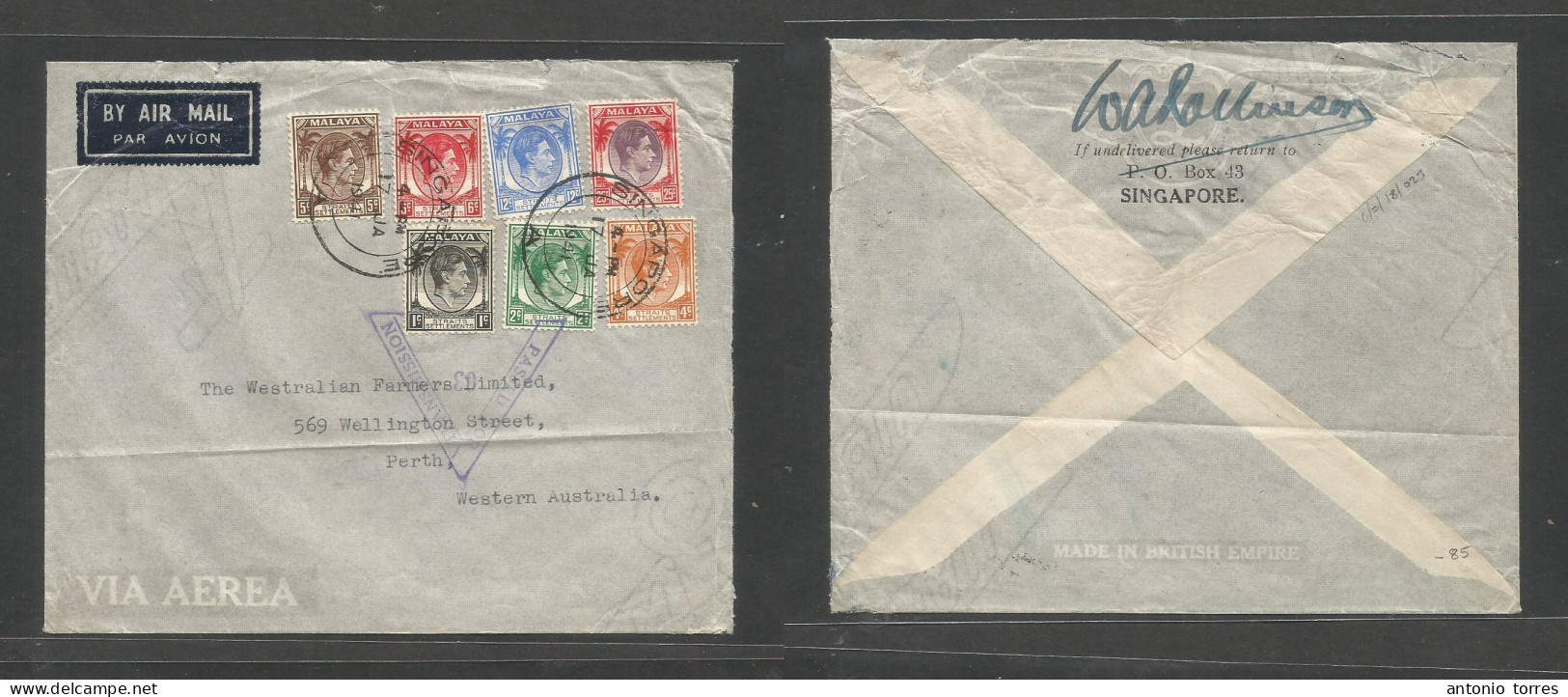 Straits Settlements Singapore. 1941 (17 Jan) Sing - Western Australia, Perth. Air Censored Multifkd Env At 55c Rate, Tie - Singapur (1959-...)