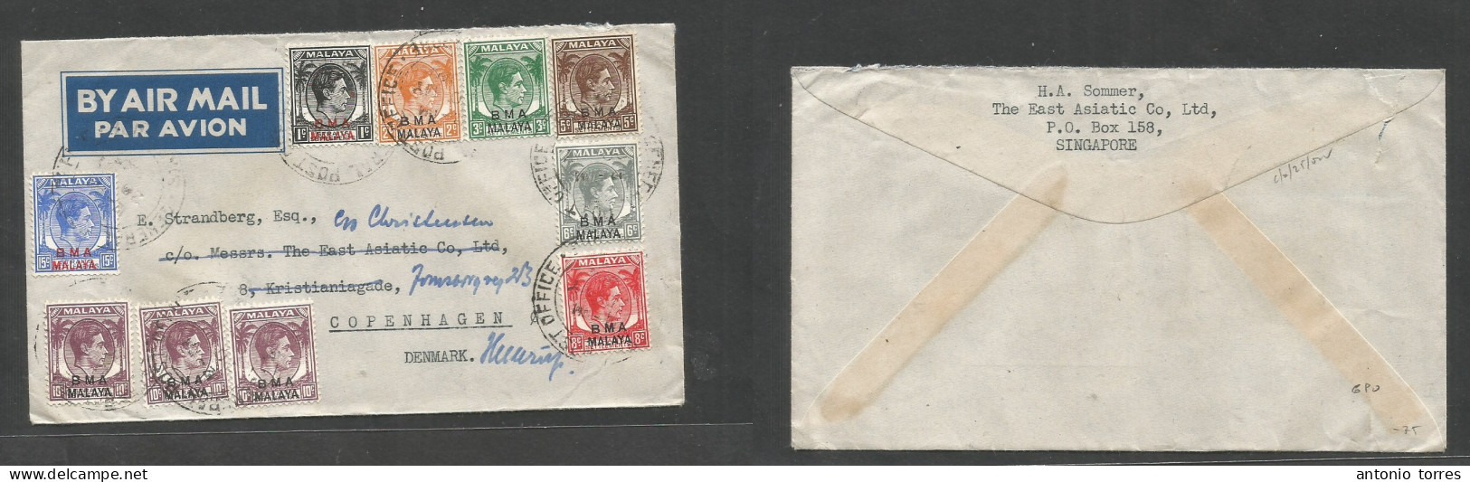 Straits Settlements Singapore. 1946 (10 May) BMA. Sing - Denmark, Cph Air Multifkd Env, At 70c Rate, Tied Cds. VF GPO. - Singapur (1959-...)