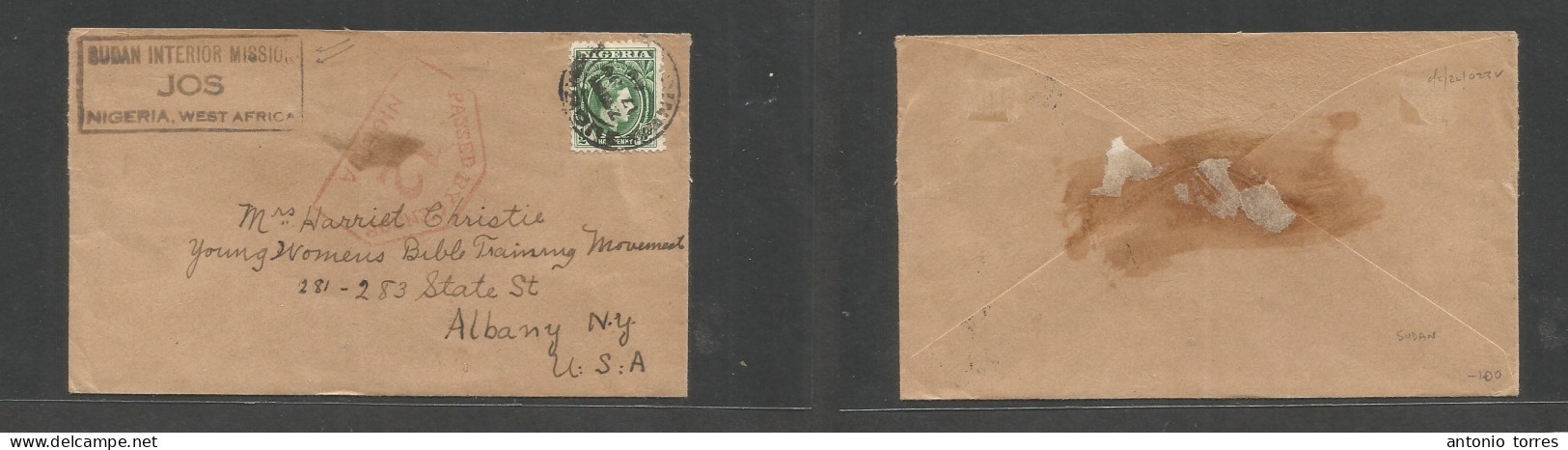 Sudan. 1940 (17 Nov) Sudan Mission, Jos, Nigeria - USA, Albany, NY. Unsealed Censor WWII. Single 1/2d Green Fkd Envelope - Sudan (1954-...)