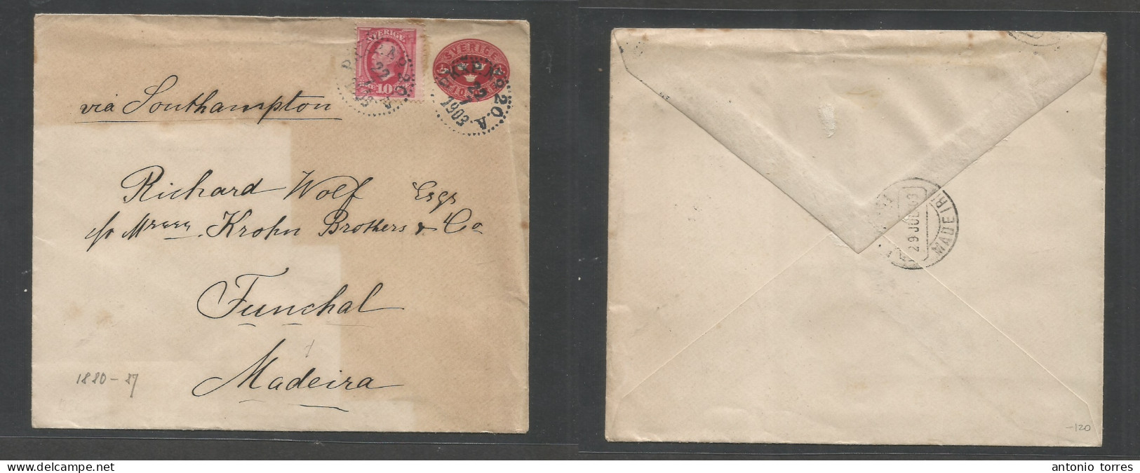 Sweden. 1903 (22 July) TPO Nº 20A - Madeira, Portuguese Atlantic Island (29 July) Via Southampton Red Stat Envelope + 10 - Otros & Sin Clasificación