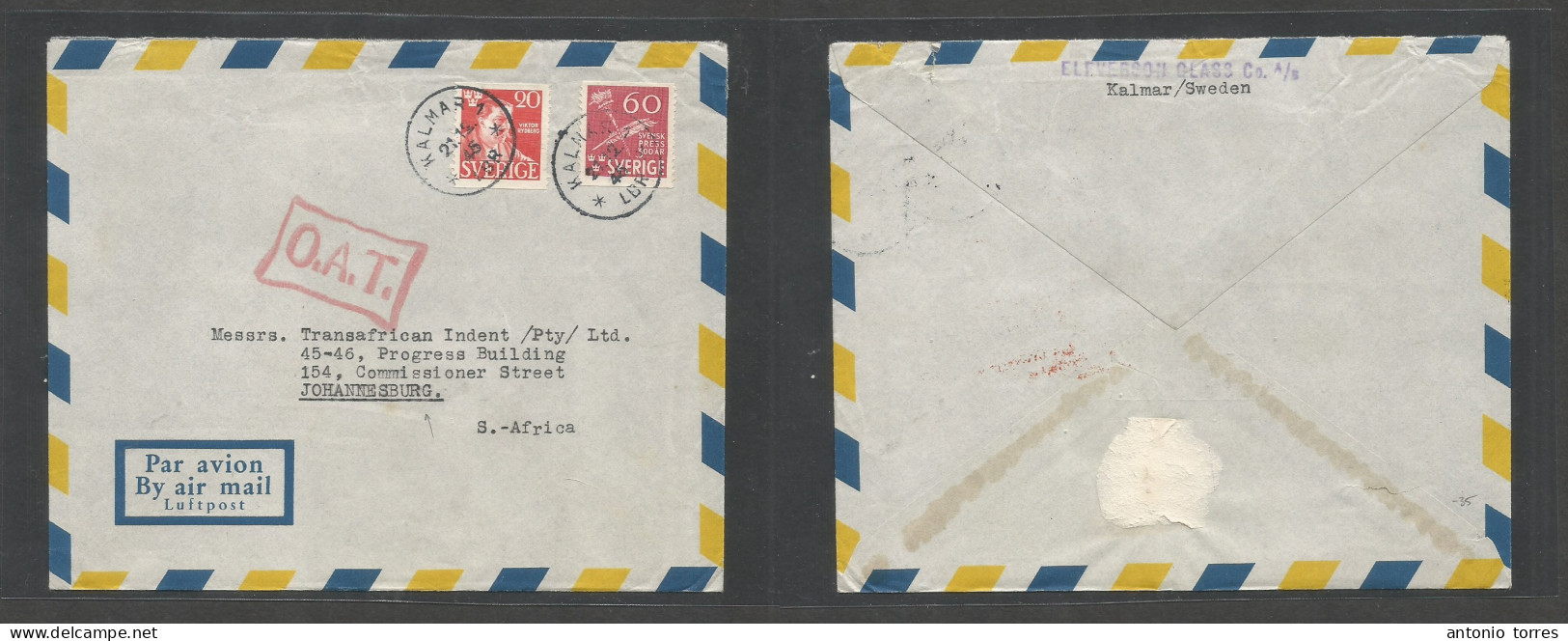 Sweden. 1945 (21 Dec) OAT, Kalmar - South Africa, Joburg. Air Multifkd Env At 80 Ore Rate, Cds + Red Cachet. Fine. - Other & Unclassified