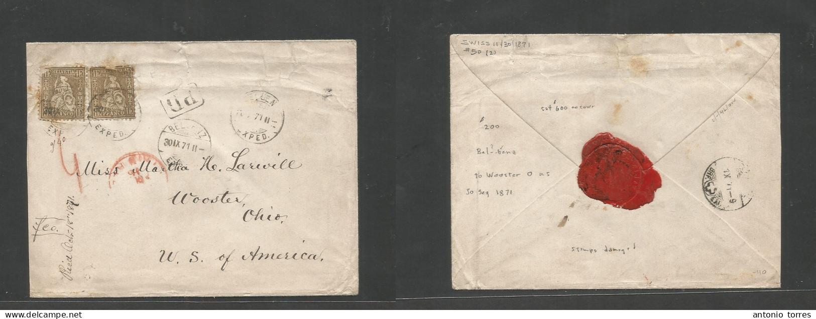 Switzerland. 1871 (30 Sept) Velvenz - USA, OH, Wooster (18 Oct) Via NY Paid Cds. Fkd Env By (x2) 1fr Sold Printed, Tied - Andere & Zonder Classificatie