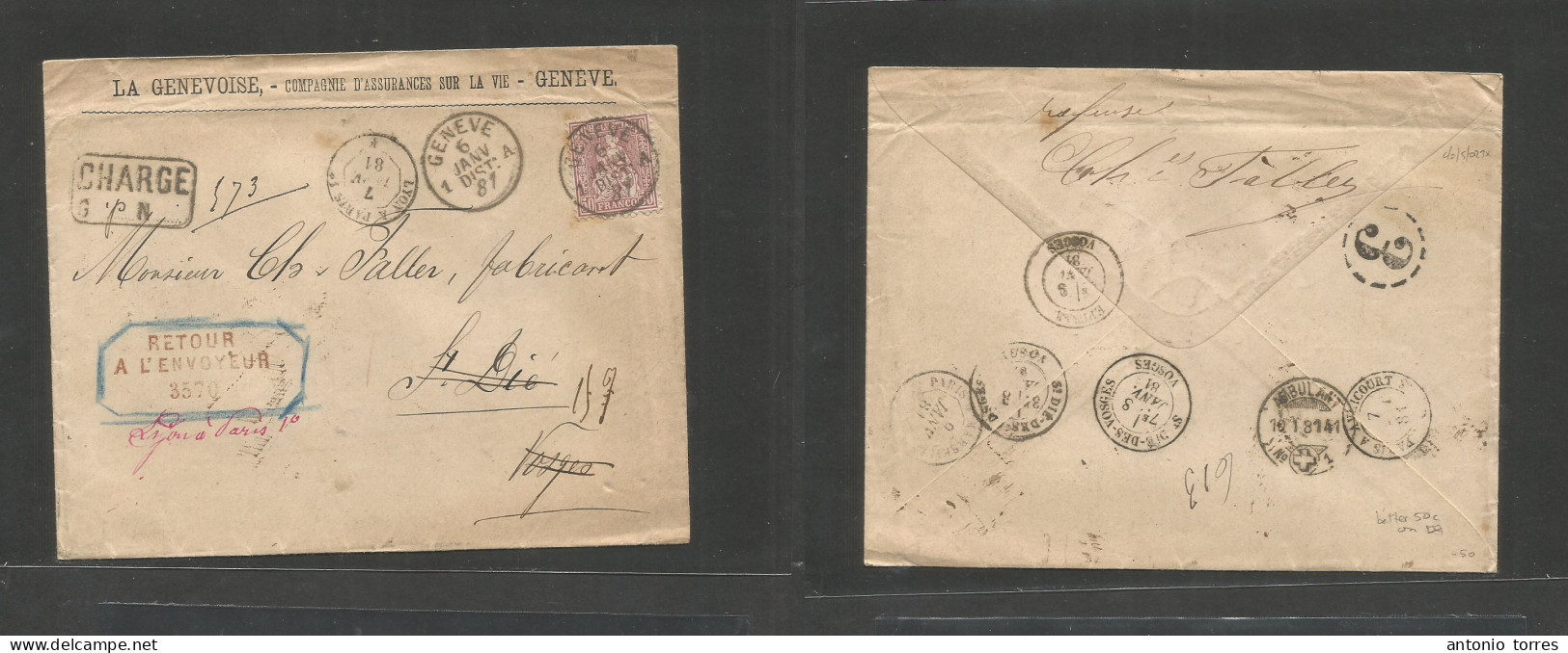 Switzerland. 1881 (6 Jan) Geneva - France, Vorges, St. Die (8 Jan) Registered Single 50c Lilac Fkd Envelope, Cds + R-cac - Sonstige & Ohne Zuordnung