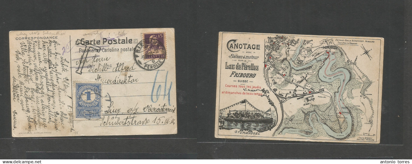 Switzerland - Xx. 1921 (8 Aug) Fribourg - Austria, Linz. Fkd Unusual Map Plan Ppc, Riverboat + Taxed Arrival 1 Kr Blue P - Sonstige & Ohne Zuordnung