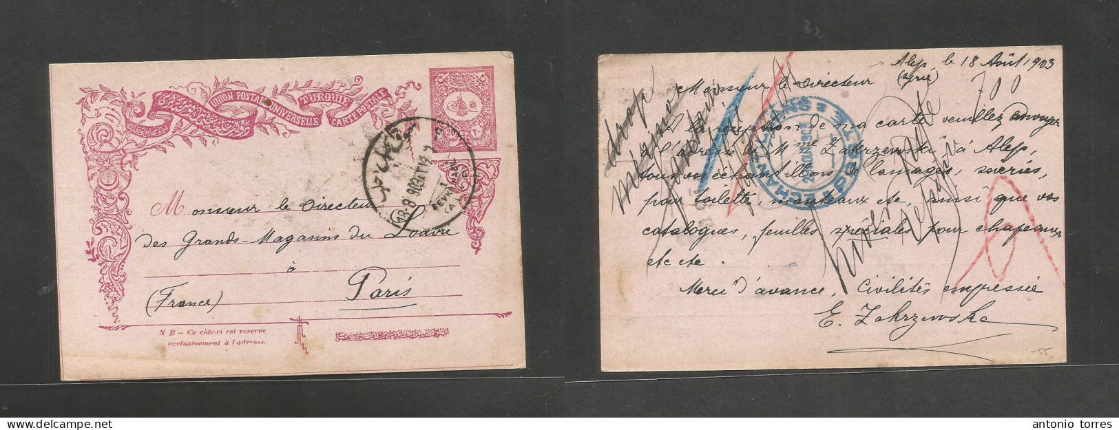 Syria. 1903 (18 Aug) Turkish PO, Sevkilhabil, Alep - Paris, France, Bilingual Cachet. 20p Purple Stat Card. Fine. Neat C - Siria