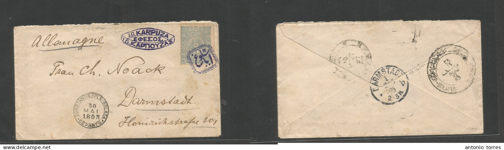 Turkey. 1893 (May) Efesos - Germany, Darmstadt (2 June) Via TPO. Fkd 1 Pi Envelope, Greek Written Oval Cachet + Neat Tur - Autres & Non Classés