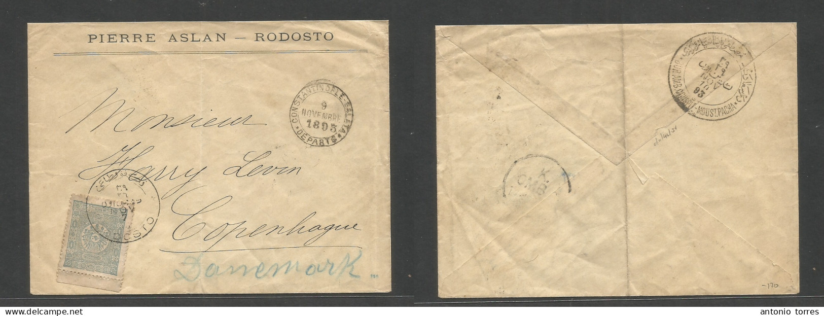 Turkey. 1893 (7 Nov) Turkish Postal Admin In Greece. Rodosto - Denmark, Cph (17 Nov) Reverse TPO Const - Moust Pacha. Ni - Otros & Sin Clasificación