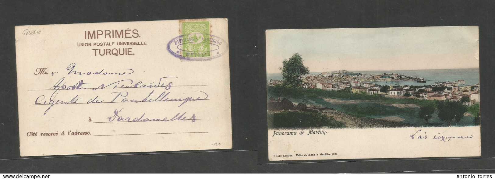 Turkey. C. 1904. Turkish Postal Admin In Greece. Metelin - Dardanelles. Fkd Photo Ppc. 10p Green, Oval Violet Cachet Com - Sonstige & Ohne Zuordnung