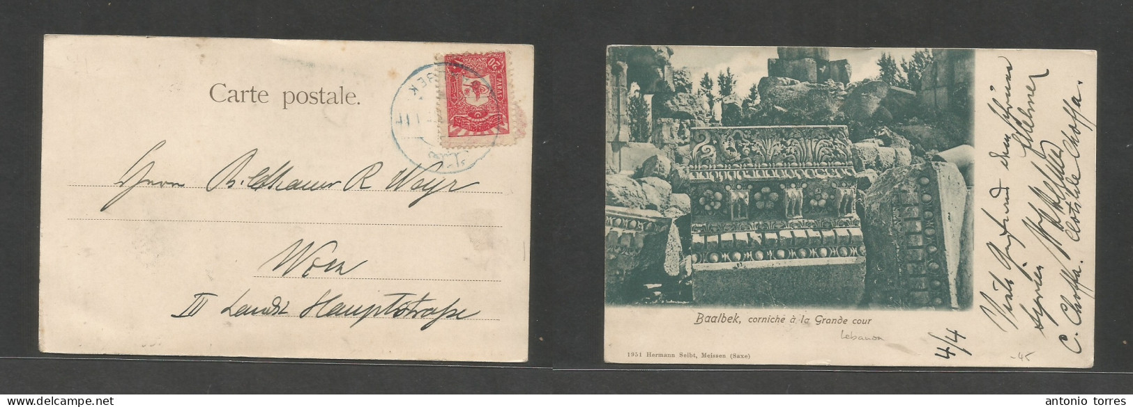 Turkey. C. 1904 (4 April) Postal Office In Lebanon. Baalbek - Austria, Wien. Fkd 20p Red Photo Ppc, Blue Cds Bilingual. - Andere & Zonder Classificatie