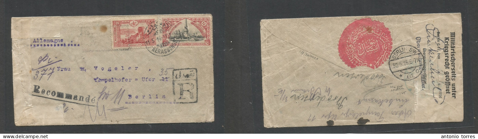Turkey. 1916 (11 May) Kerassonde - Germany, Berlin (30 May) WWI Dual Censor Label. Registered Multifkd Env. Fine Usage V - Autres & Non Classés